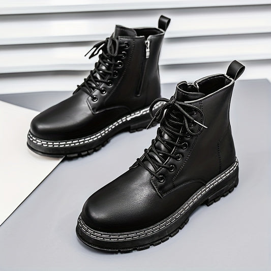Men's Canvas Shoes - Cool Pure Black Motorcycle Ankle Boots