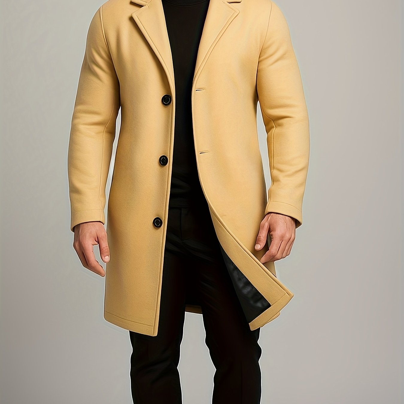 Men's Mid-Length Single-Breasted Tweed Overcoat, Men's Solid Color Trench Coat