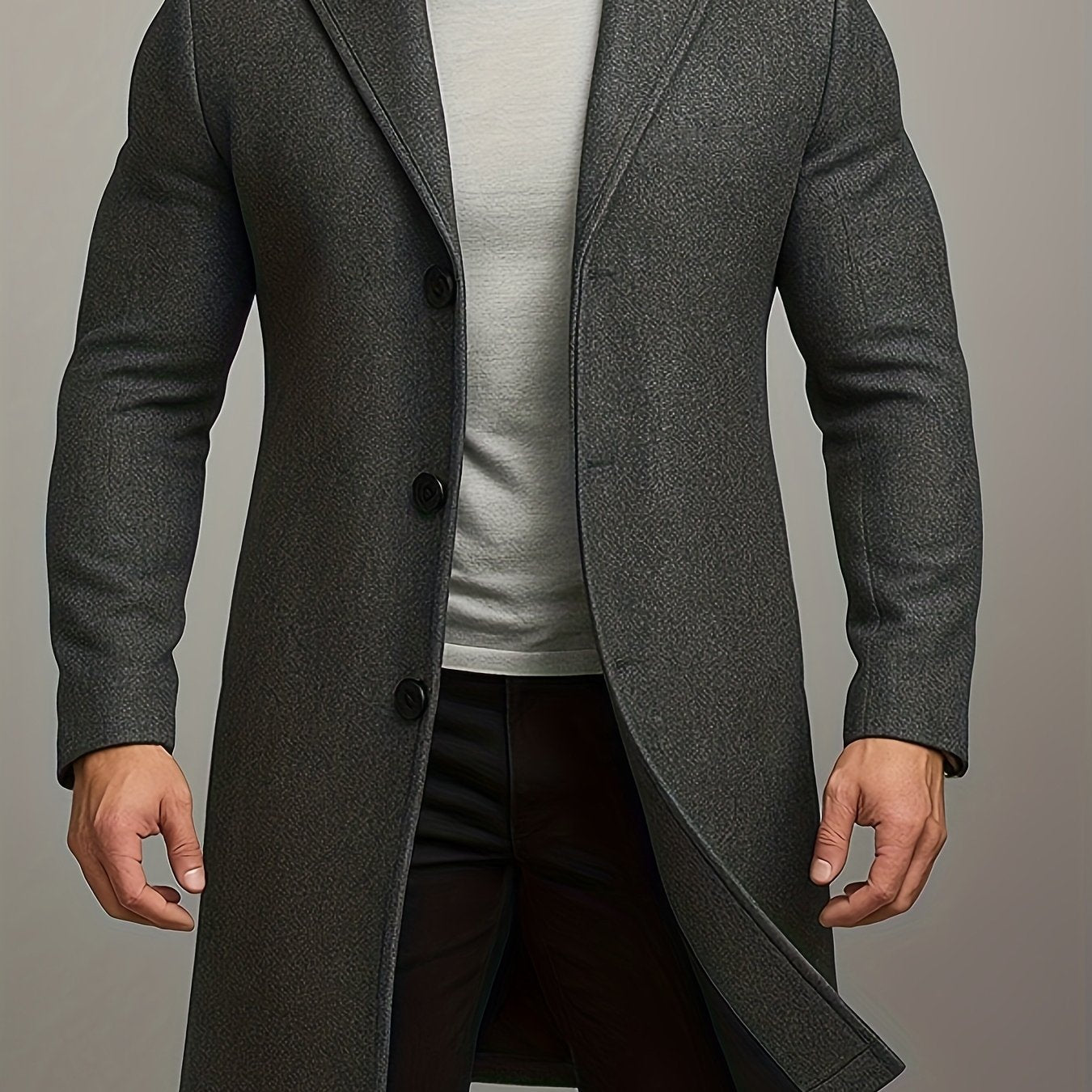 Men's Mid-Length Single-Breasted Tweed Overcoat, Men's Solid Color Trench Coat