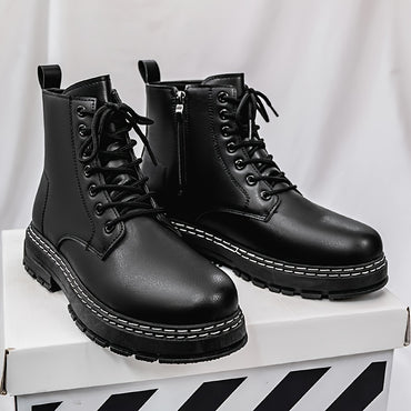 Men's Canvas Shoes - Cool Pure Black Motorcycle Ankle Boots
