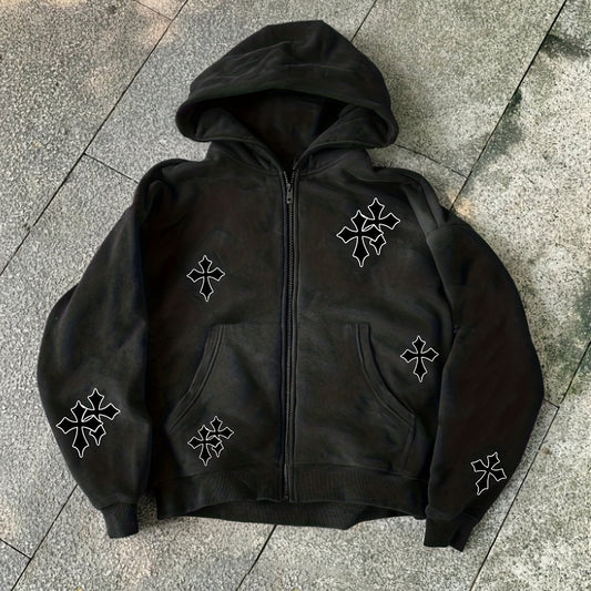 Men'S Autumn And Winter Warm Hoodie with Cross Print And Zipper