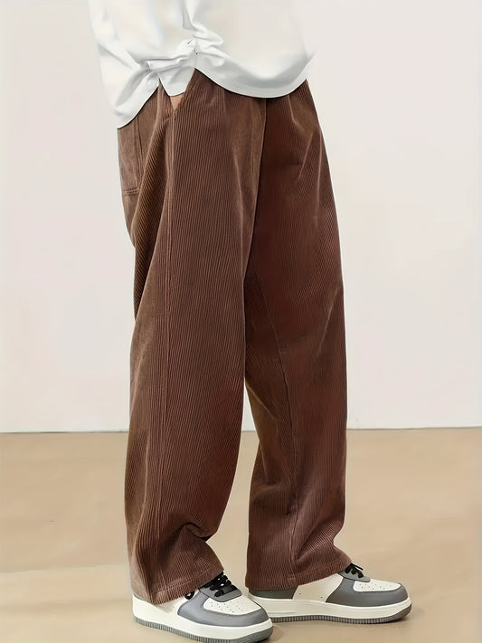 Men'S Solid Color Vintage Style Loose Corduroy Trousers From