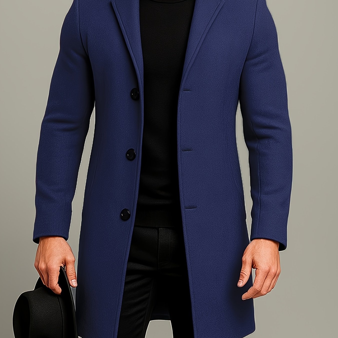 Men's Mid-Length Single-Breasted Tweed Overcoat, Men's Solid Color Trench Coat