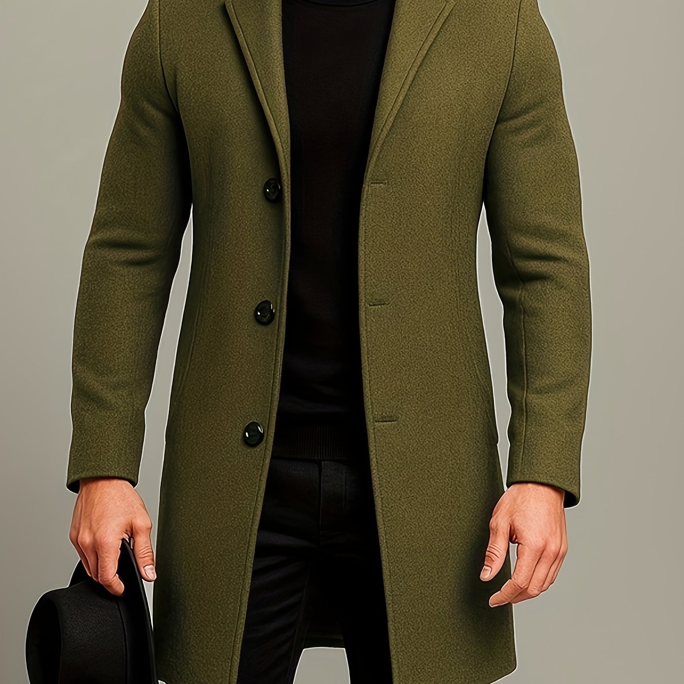 Men's Mid-Length Single-Breasted Tweed Overcoat, Men's Solid Color Trench Coat