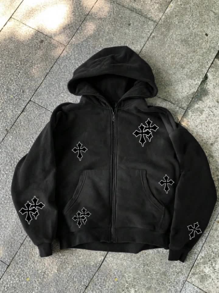 Men'S Autumn And Winter Warm Hoodie with Cross Print And Zipper
