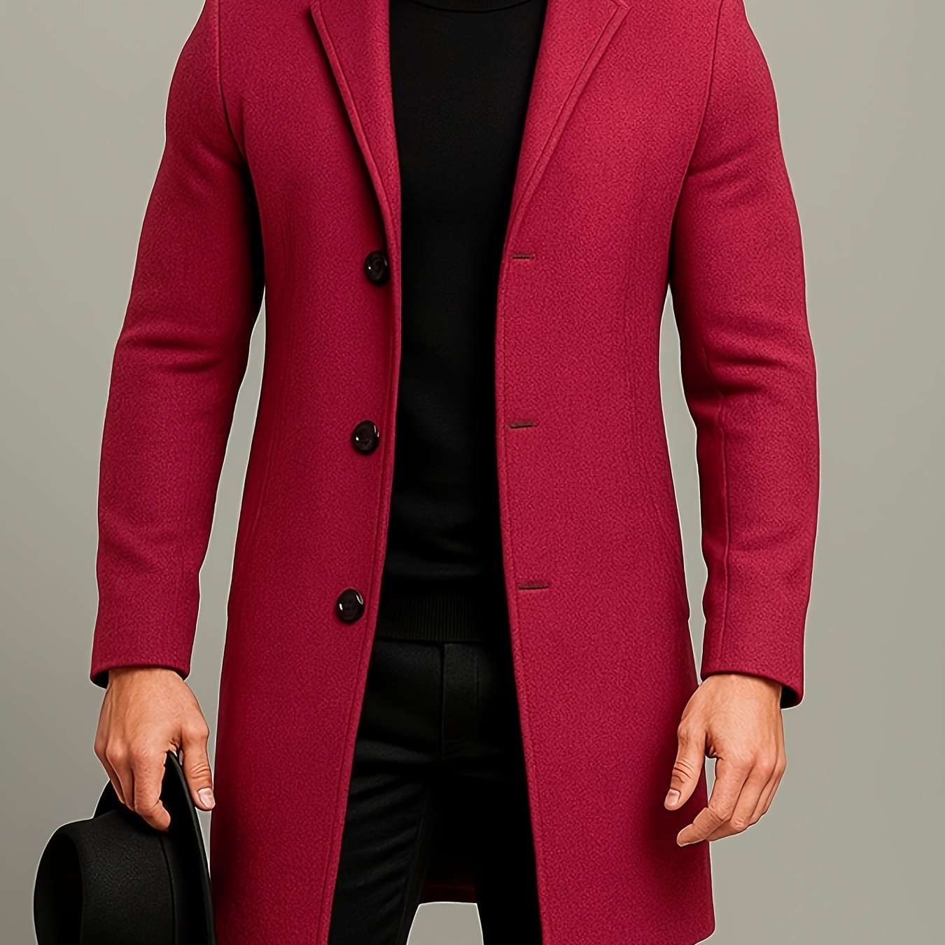 Men's Mid-Length Single-Breasted Tweed Overcoat, Men's Solid Color Trench Coat