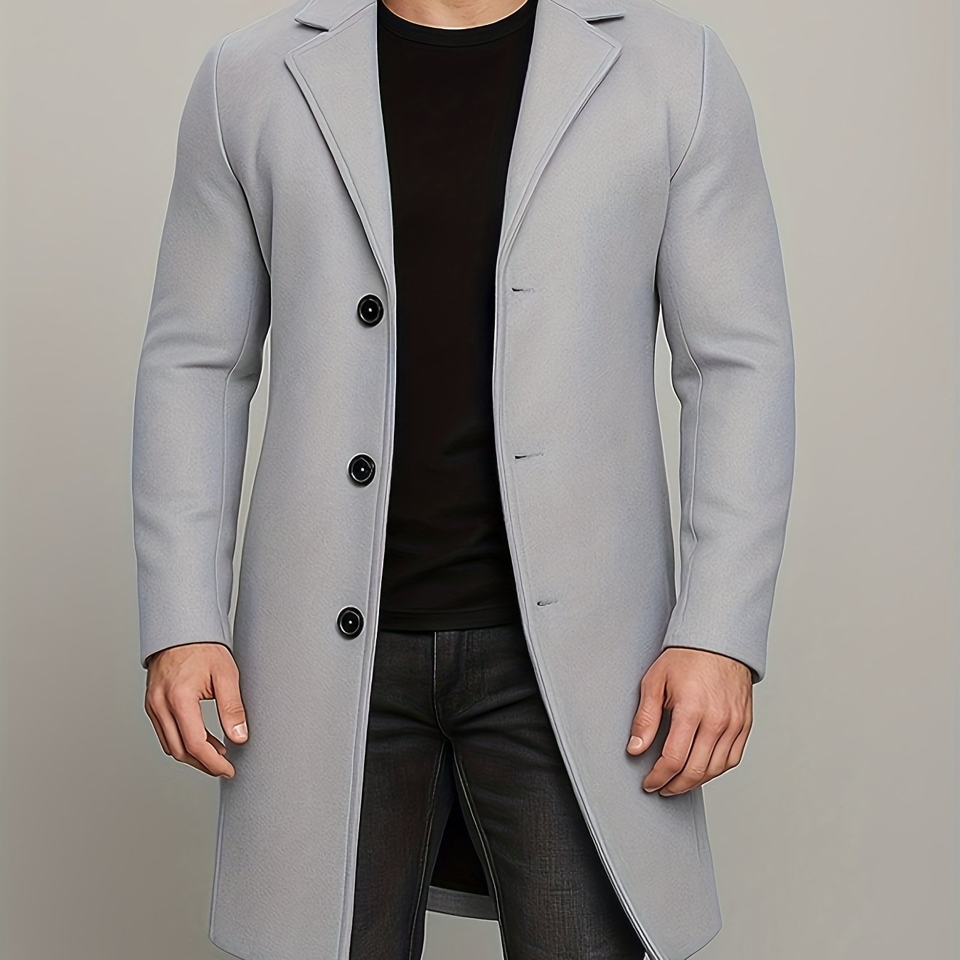 Men's Mid-Length Single-Breasted Tweed Overcoat, Men's Solid Color Trench Coat
